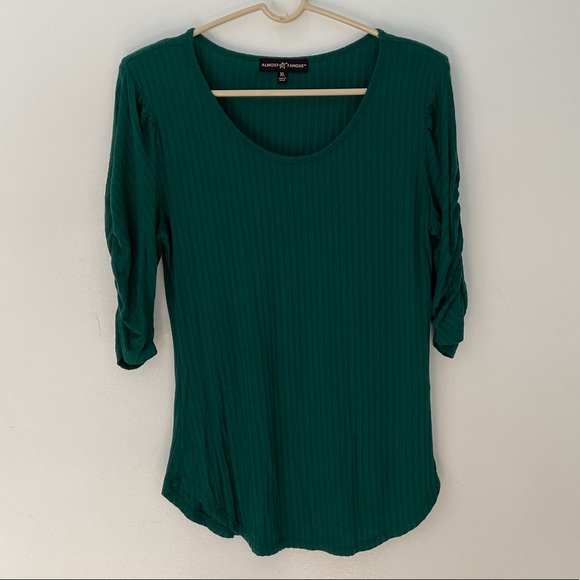 Almost Famous Green Knit Short Sleeve Blouse with Ruching Detail on Sleeves - Picture 2 of 9